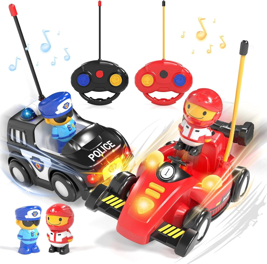 2 Pack RC Cars for Kids 1–3 Pop-Up Police & Race Car Lights Music Remote Control