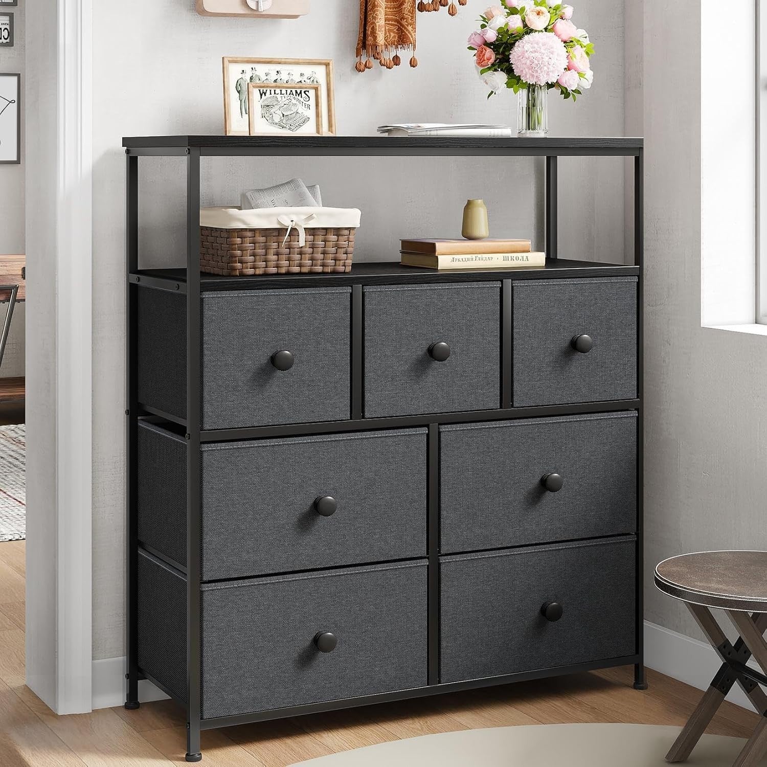 7-Drawer Black Grey Fabric Chest with 2-Tier Shelf – Bedroom & Living Storage