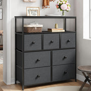 7-Drawer Black Grey Fabric Chest with 2-Tier Shelf – Bedroom & Living Storage
