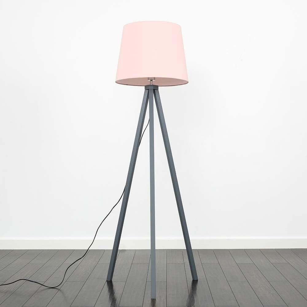 Grey Wooden Tripod Floor Lamp Pink Tapered Shade Living Room Light