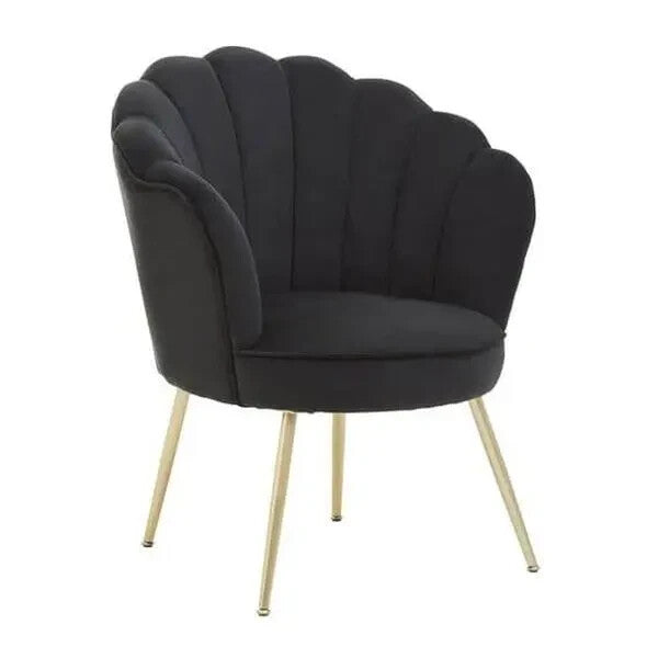 Black Velvet Shell Chair – Scalloped Accent Seat with Gold Metal Legs