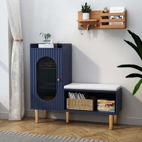 L-Shaped Shoe Storage Bench with Cushion Glass Doors 100×30×92 cm
