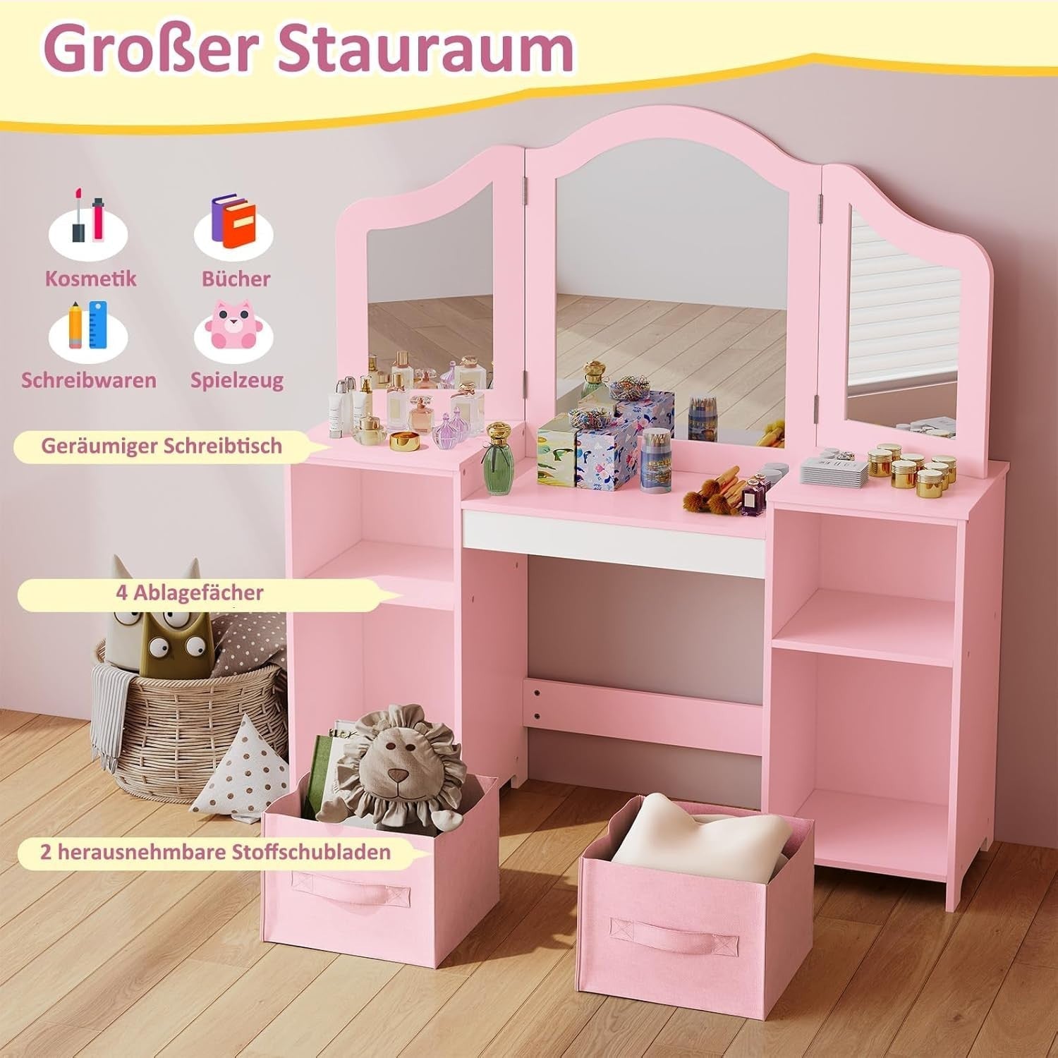 Kids Vanity Table & Chair Set Pink White 2-in-1 Makeup Desk with Storage
