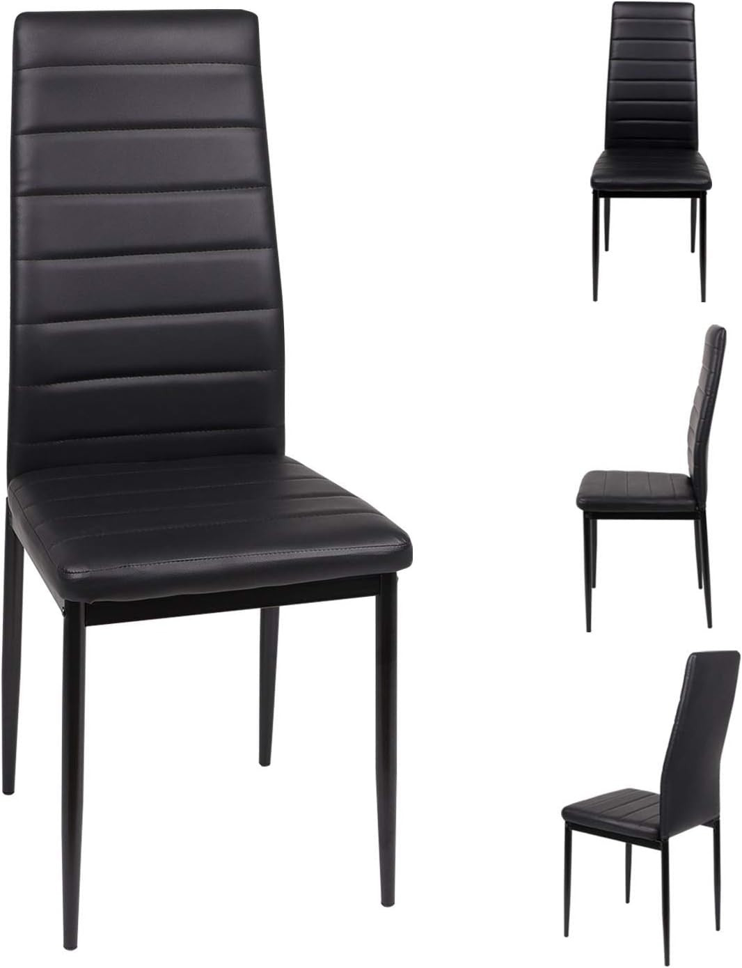 Round Glass Dining Table Set with 4 Black PU Chairs 90cm Modern