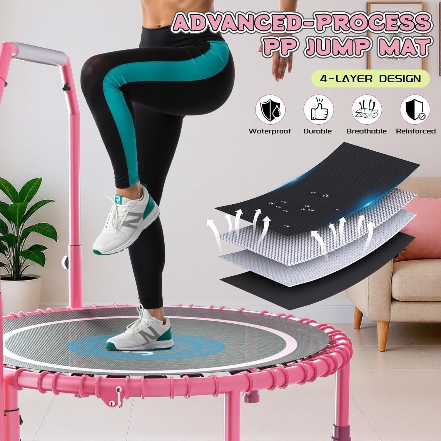 40in Foldable Fitness Trampoline Rebounder Adjustable Handle 450LBS