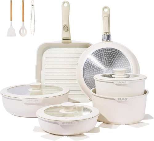 25pcs Beige Non Stick Cookware Set Induction Pots & Pans with Detachable Handles