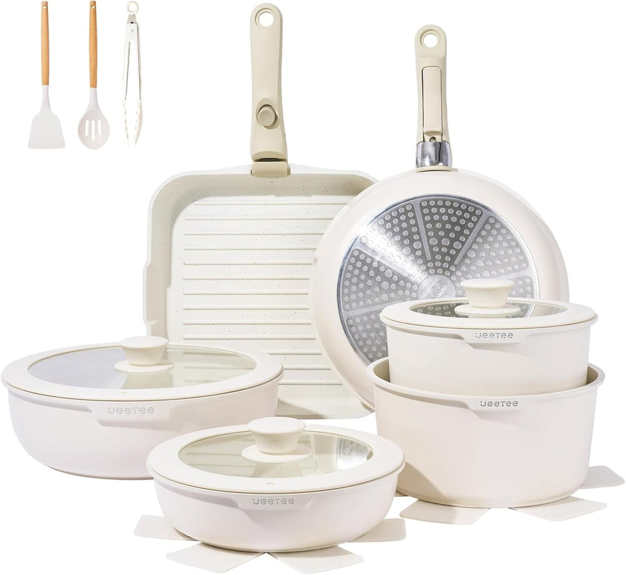 25pcs Beige Non Stick Cookware Set Induction Pots & Pans with Detachable Handles