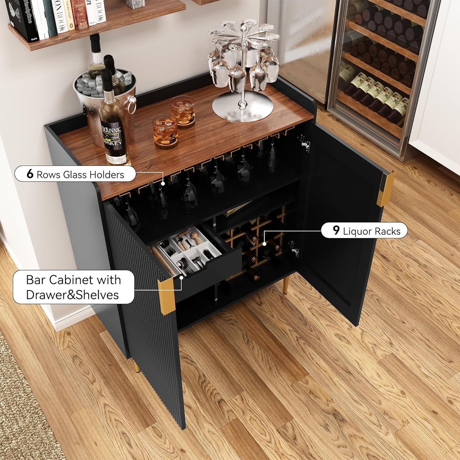 Modern Drinks Cabinet with Wine Rack & Glass Holders – 9 Bottle Sideboard