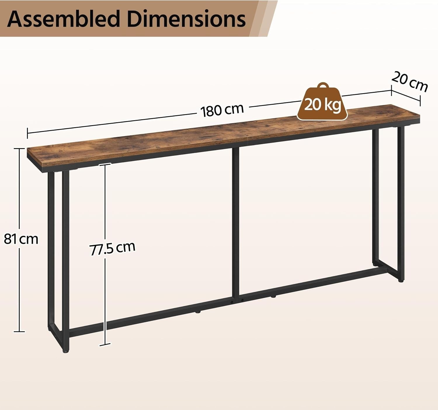 Slim Industrial Console Table 180cm with Wall Anchors & Scratch-Resistant