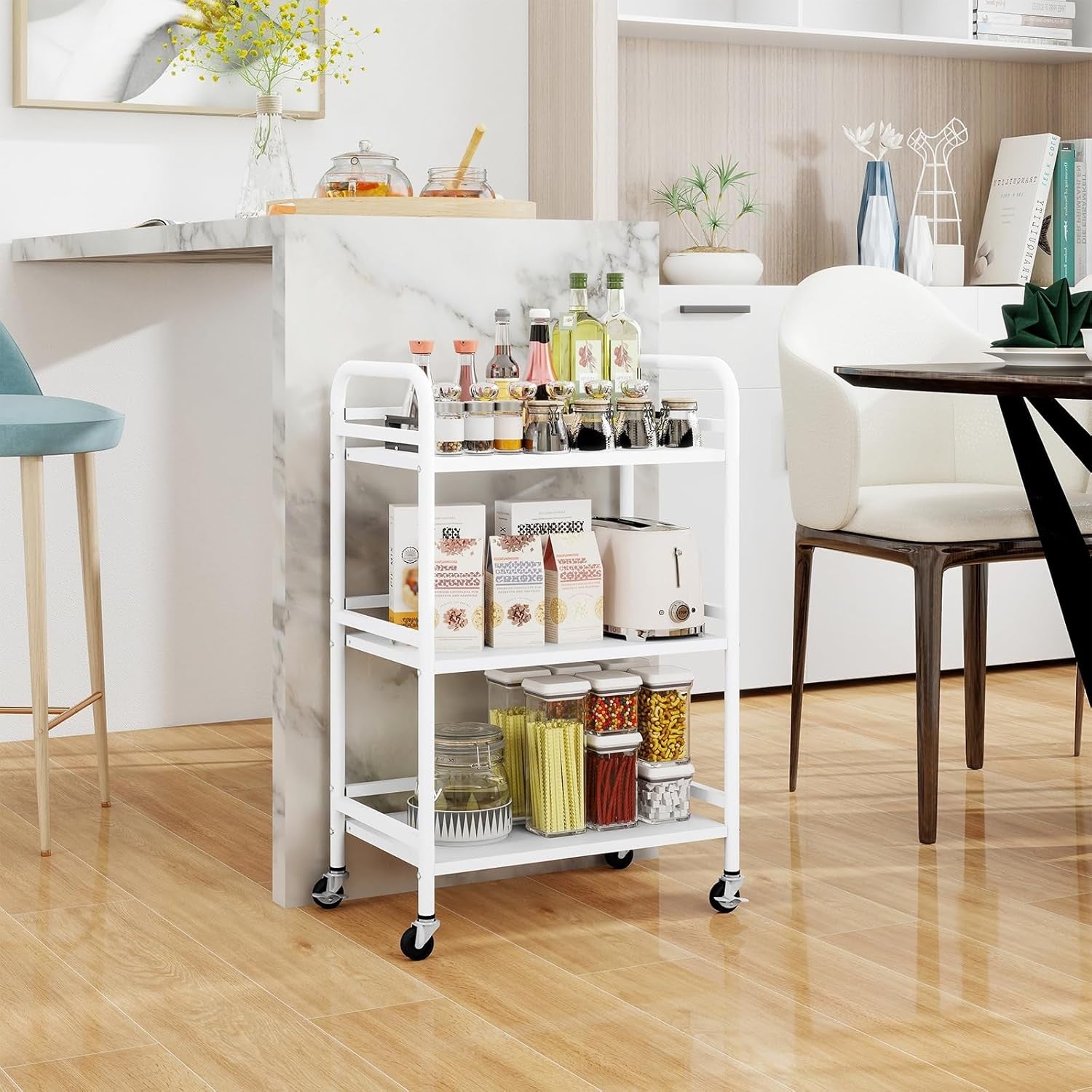3 Tier Rolling Storage Cart Kitchen Trolley Metal Shelves with Wheels White
