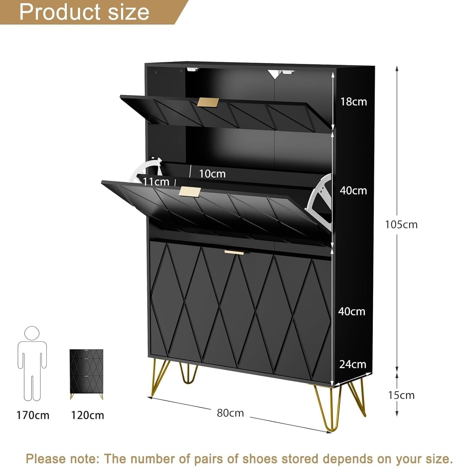 Modern Shoe Cabinet Black w/ Flip Drawers – 3 Compartments 16 Pairs Storage
