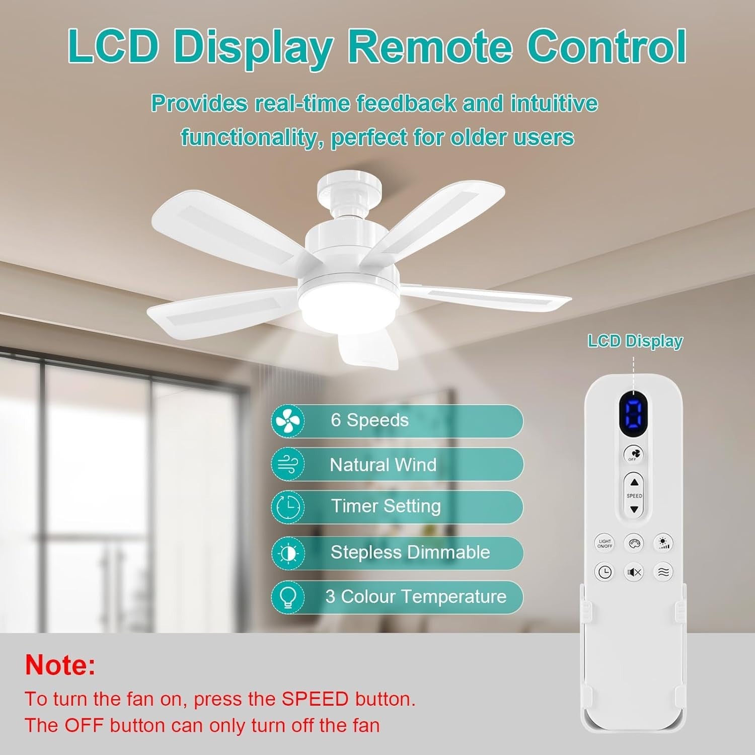 REYLAX 50CM LED Ceiling Fan with Light, 6 Speeds, 3 Colors, Remote Control