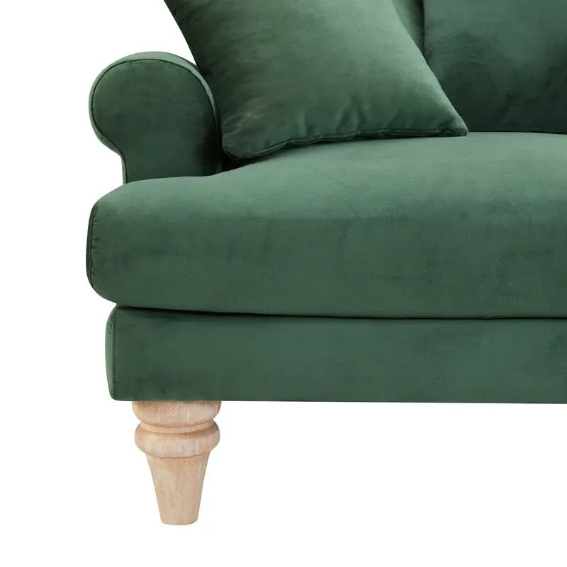 Green Velvet 2 Seater Sofa with Scatter Cushions Curved Arm Couch UK