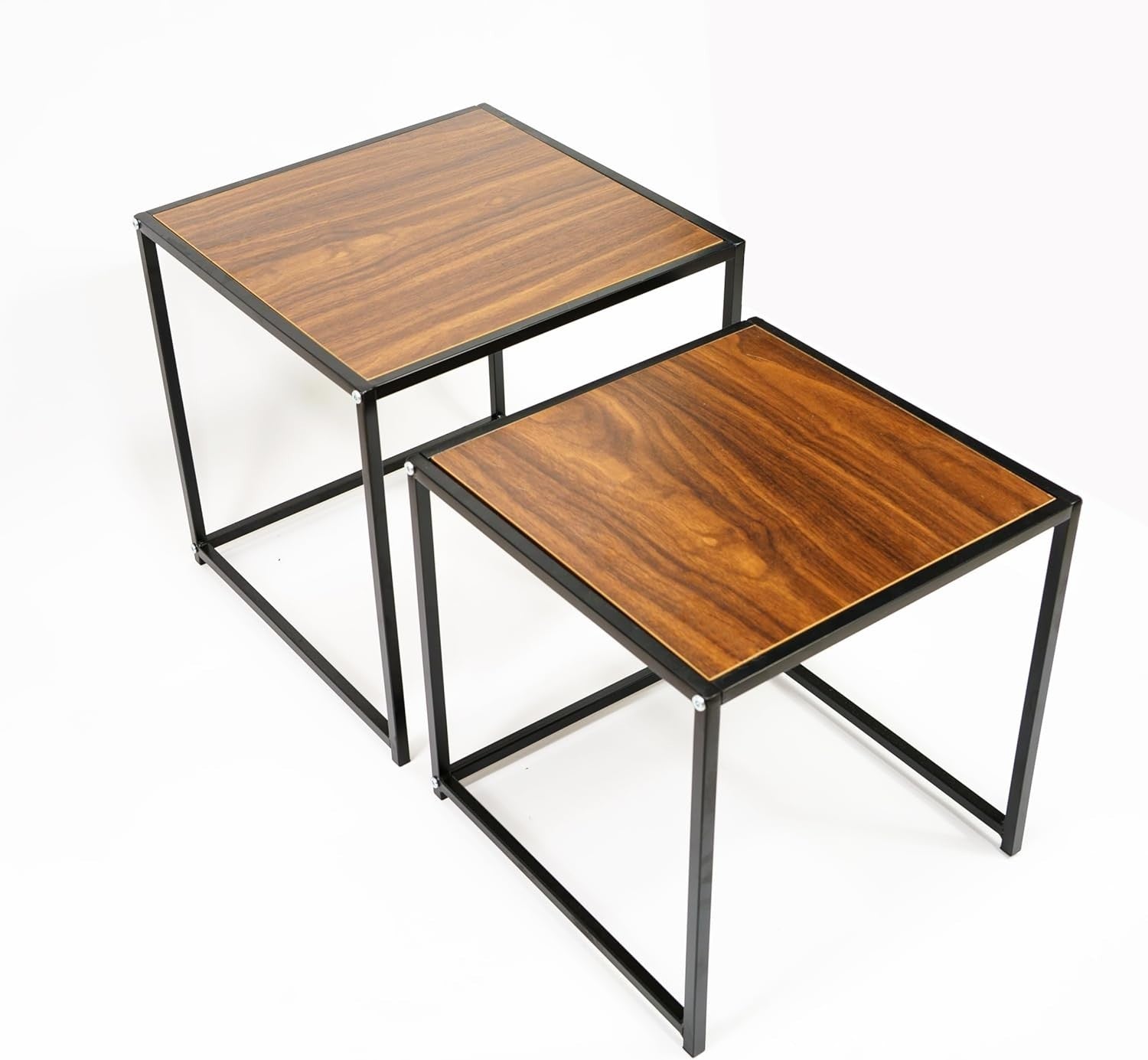 Space-Saving Nesting End Tables Set of 2 Rustic Wood Metal Side Coffee Table