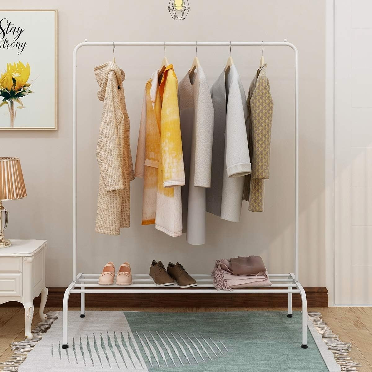 White Metal Clothes Rail with Shelf Heavy Duty Garment Rack