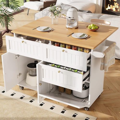 White Rolling Kitchen Island with Foldable Worktop, Drawers & Storage Cart