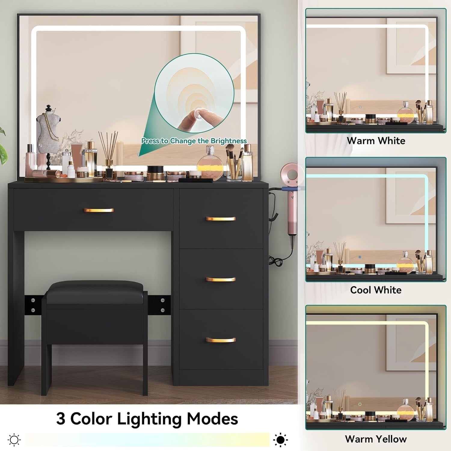 Modern Vanity Desk w/ Lighted Mirror & Charging Station USB Outlet 4 Drawers