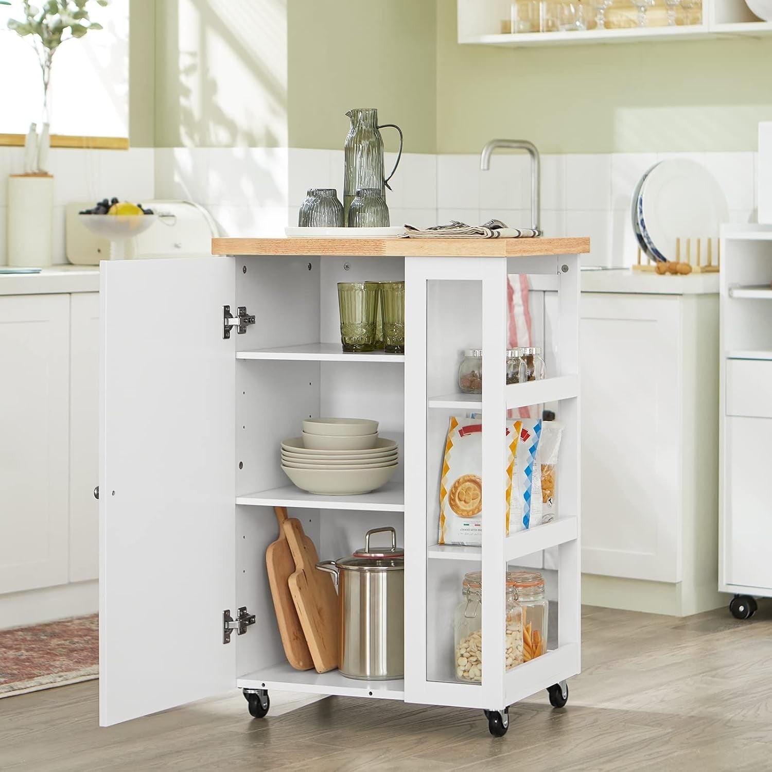 Compact Kitchen Island Cart on Wheels Cupboard Worktop Side Rack White
