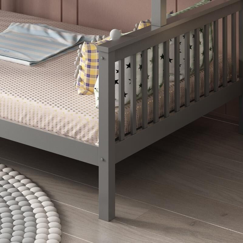 Kids Grey Bunk Bed 3FT Single Over 4FT6 Double Wooden Trio Bed Frame