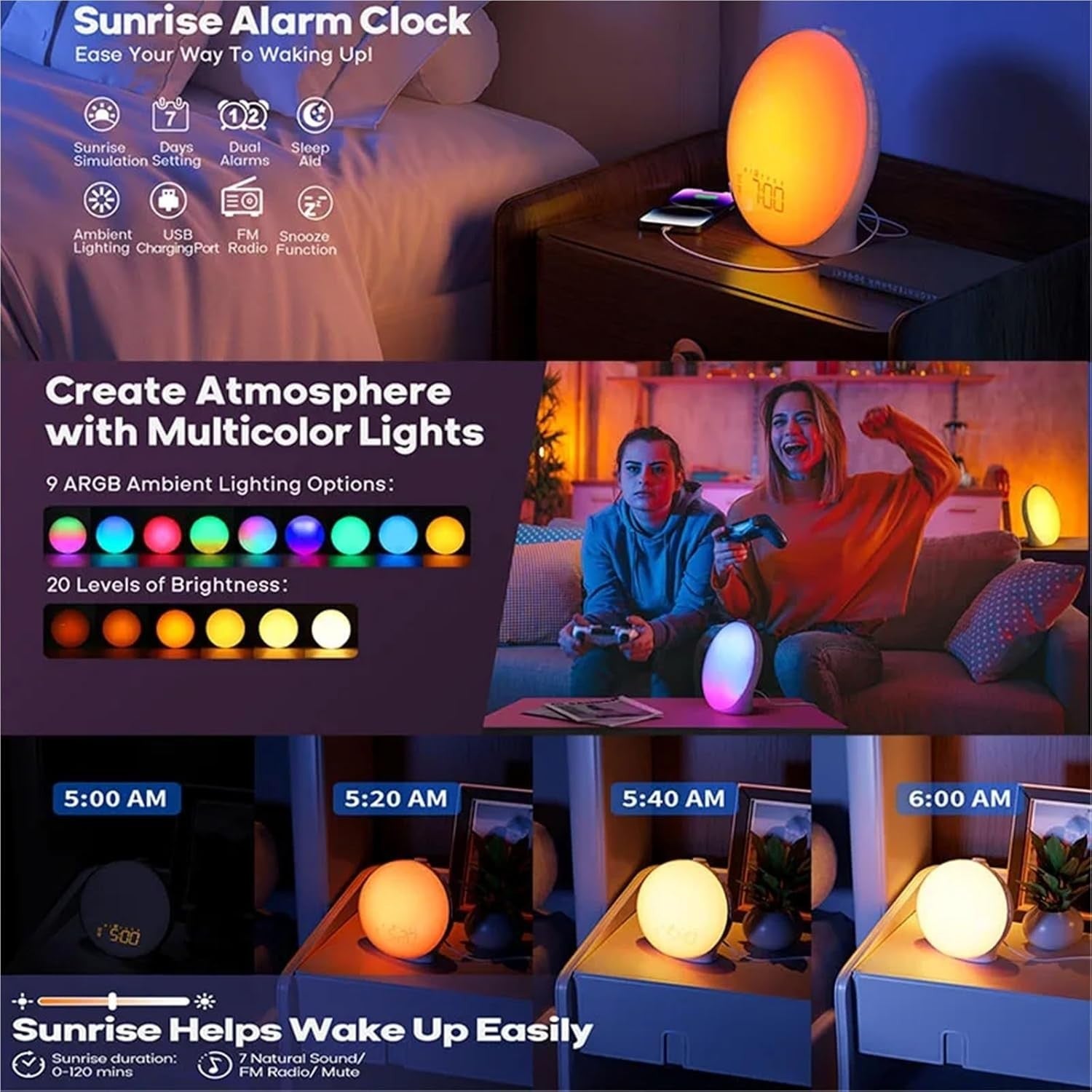 Sunrise Alarm Clock Wake Up Light FM Radio Natural Sounds for Heavy Sleepers