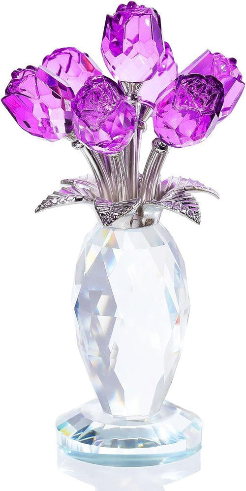 Purple Crystal Rose Bouquet Ornament Glass Flower Figurine Gift for Mum Wife