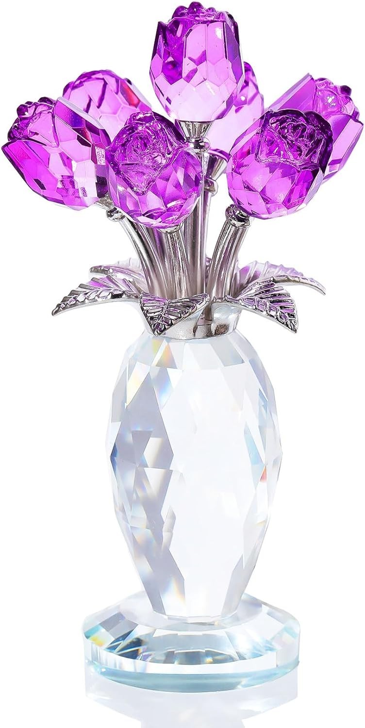 Purple Crystal Rose Bouquet Ornament Glass Flower Figurine Gift for Mum Wife