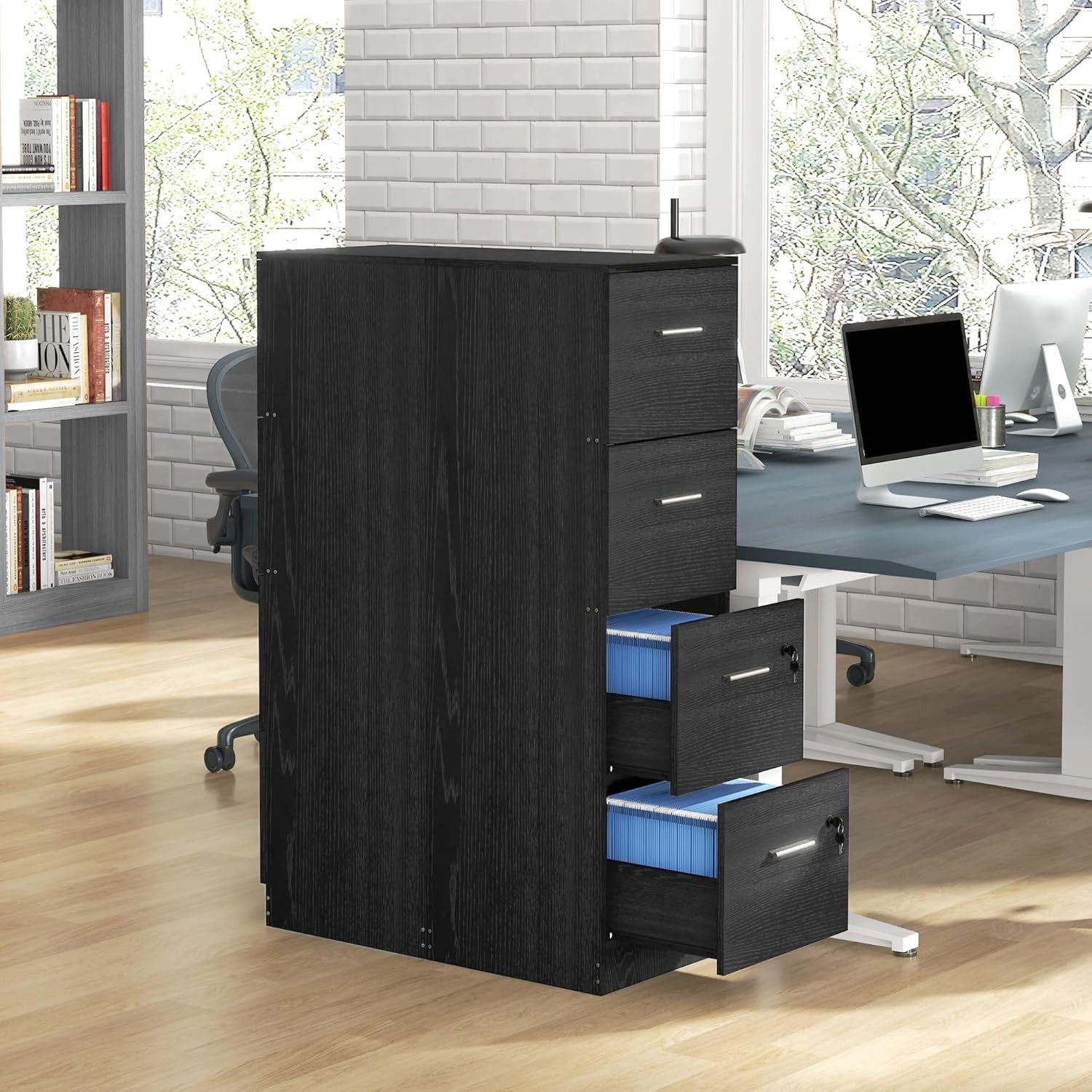 4 Drawer Vertical Filing Cabinet with Lock Office Storage Wood Effect Black