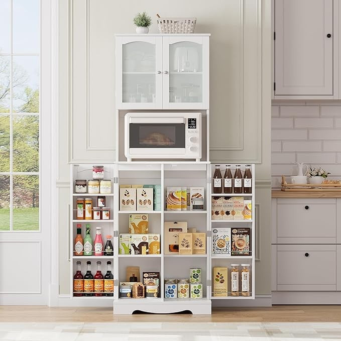 Tall White Kitchen Storage Cabinet 181cm Pantry Cupboard with 4 Doors Adjustable