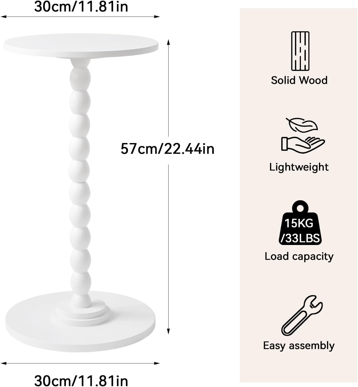 White Round Side Table – Modern Slim Accent Table with Solid Wood Leg for Small