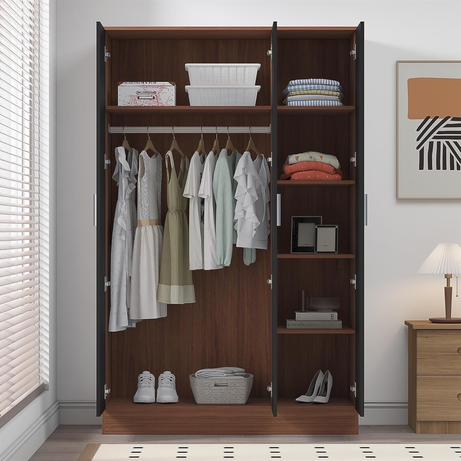 3 Door Mirrored Wardrobe Black Gloss & Walnut with Shelves & Hanging Rail