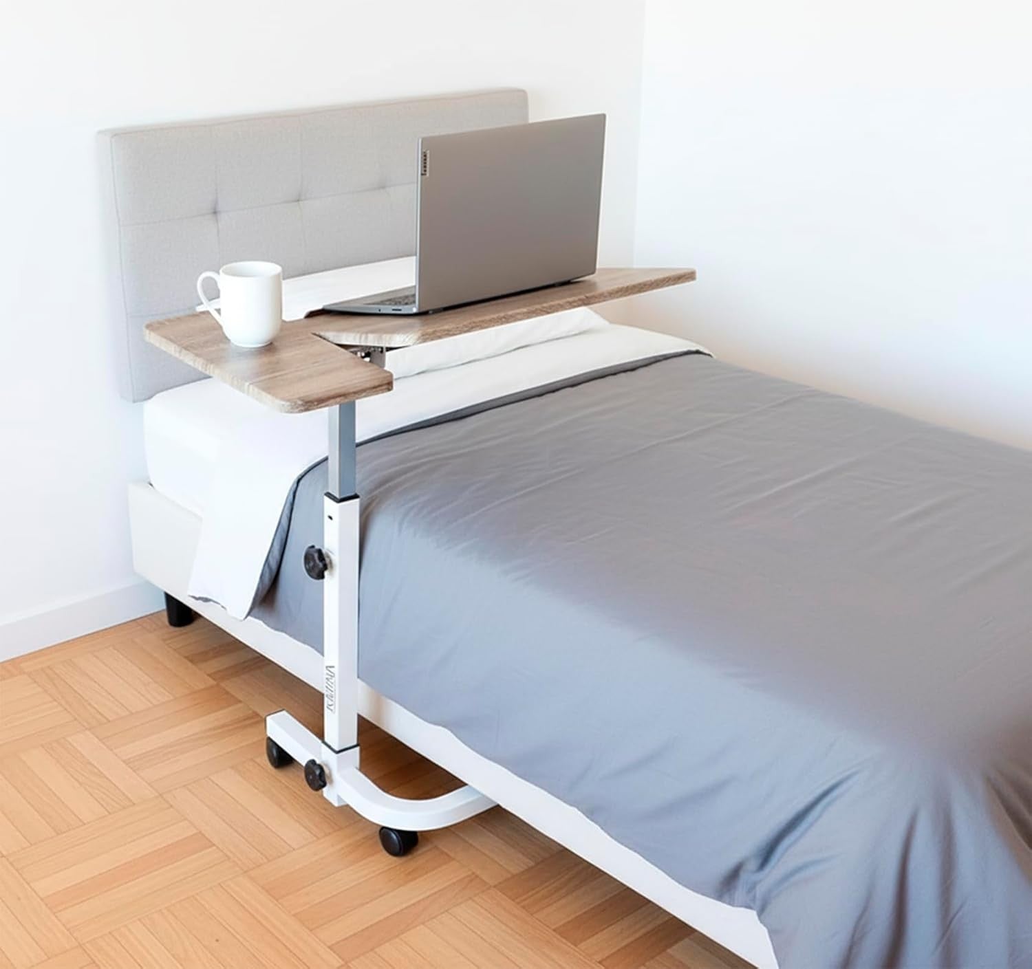 Overbed Table with Wheels Adjustable Height Tilting Laptop Desk White