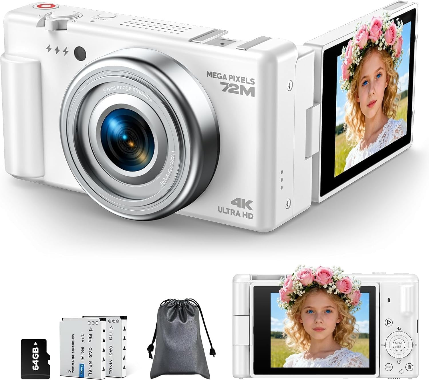 4K 72MP Vlogging Camera Flip Screen Zoom Travel Camera 64GB Kit