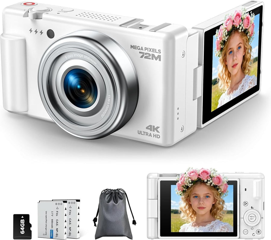 4K 72MP Vlogging Camera Flip Screen Zoom Travel Camera 64GB Kit