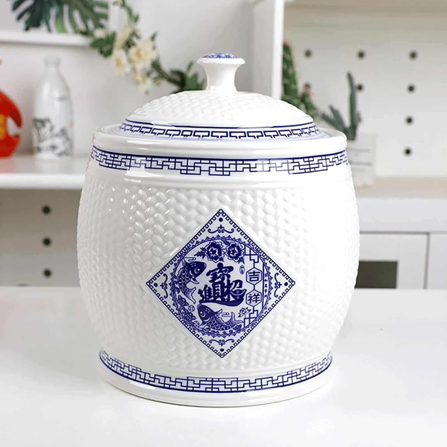 5KG Ceramic Rice Storage Jar with Lid Traditional Grain Container