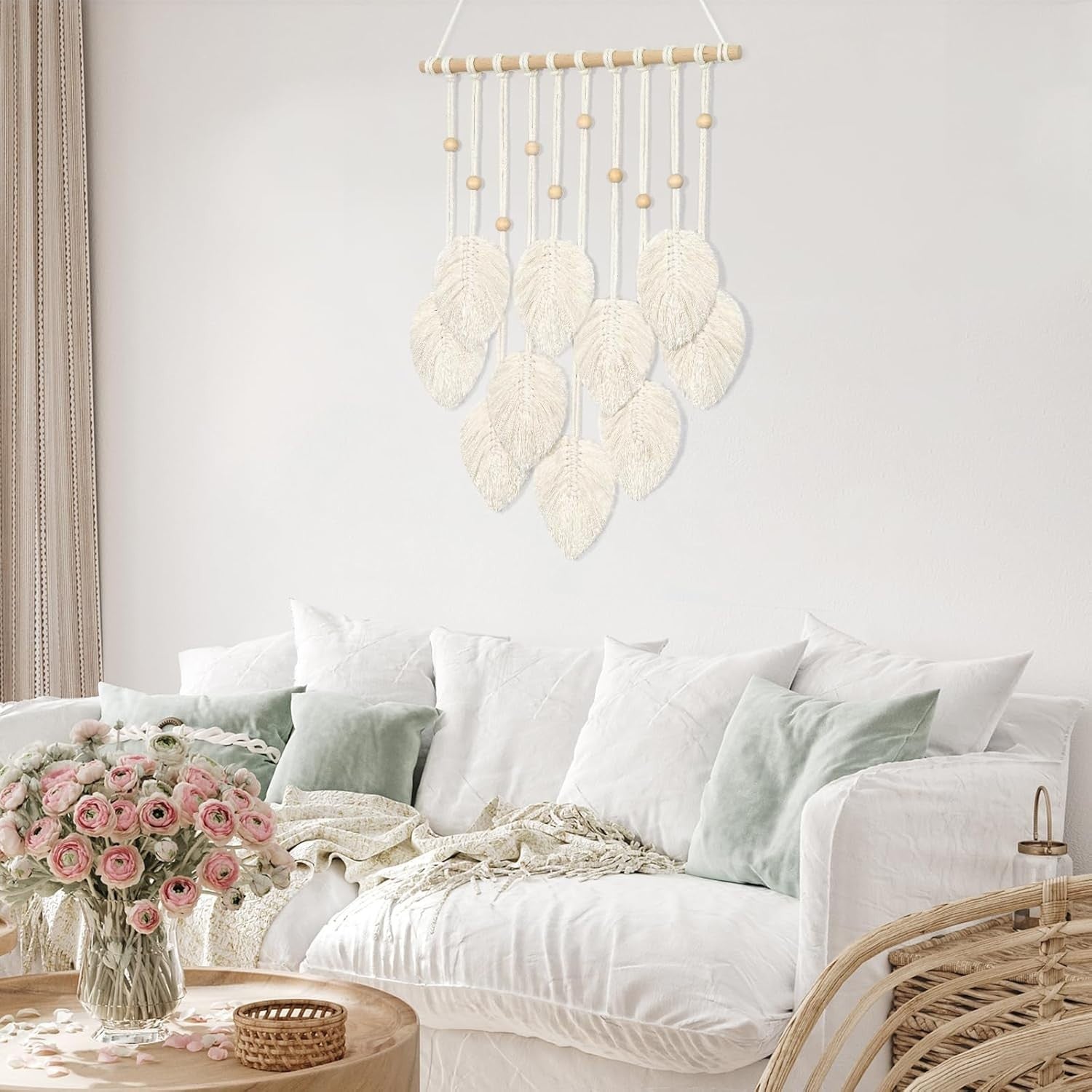 Macrame Wall Hanging Beige Leaf Boho Tassel Wall Decor Handmade