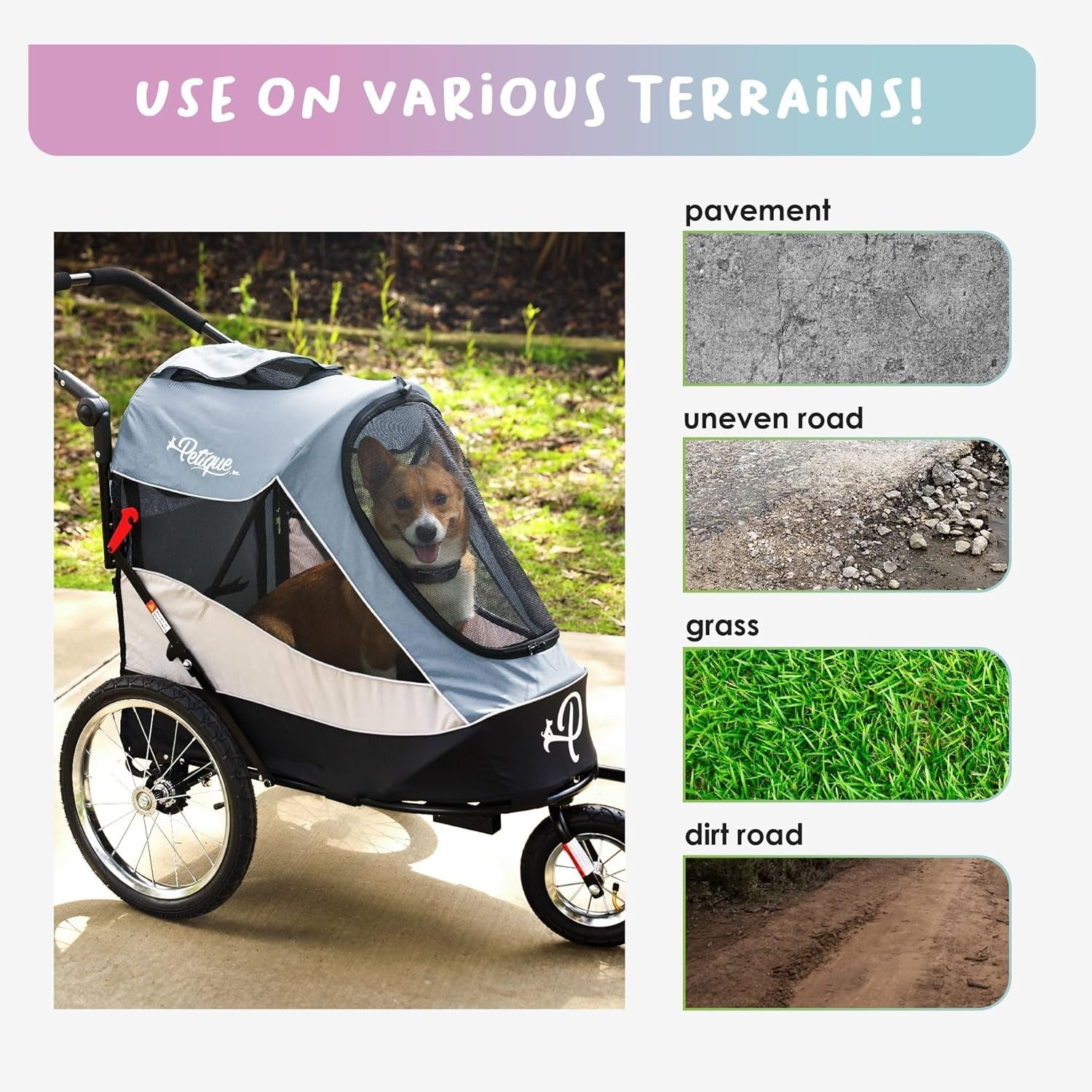 Large Dog Stroller 3 Wheel Jogger Pet Pram Grey for Medium Large Dogs