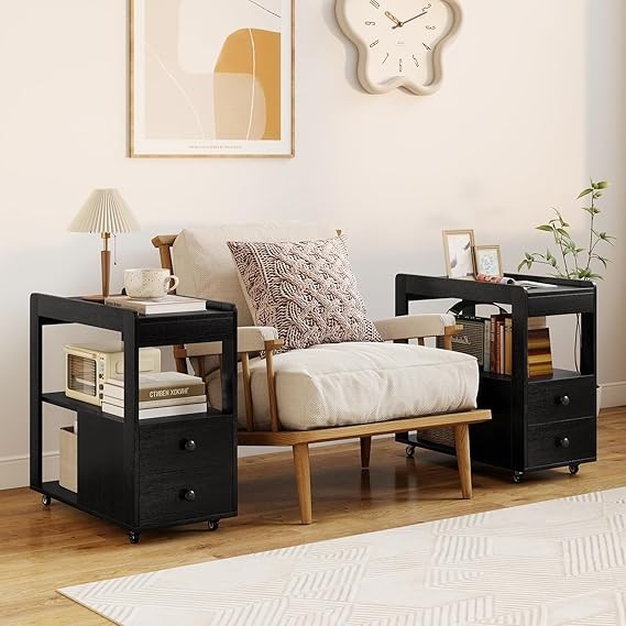 Slim Rolling Bedside Table with Drawers & Shelves – Modern 3-Tier Nightstand