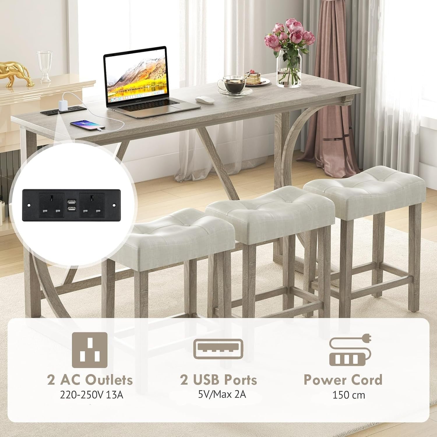 Counter Height Bar Table Set with Power Outlet, 4-Piece Dining Set with Stools