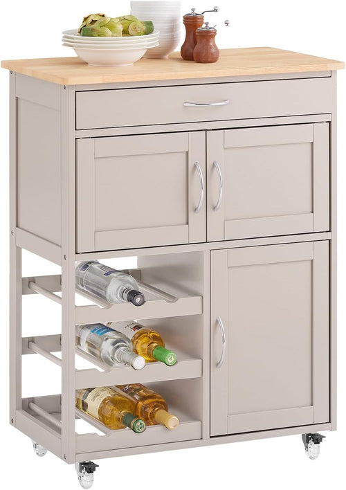 Kitchen Trolley Storage Cart with Wine Rack Drawer Wooden Top on Wheels