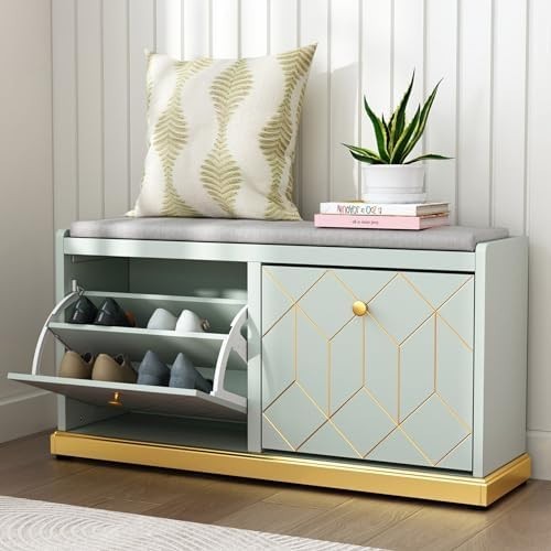 Green Shoe Storage Bench with Cushion & Flip-Drawer for Hallway Entryway