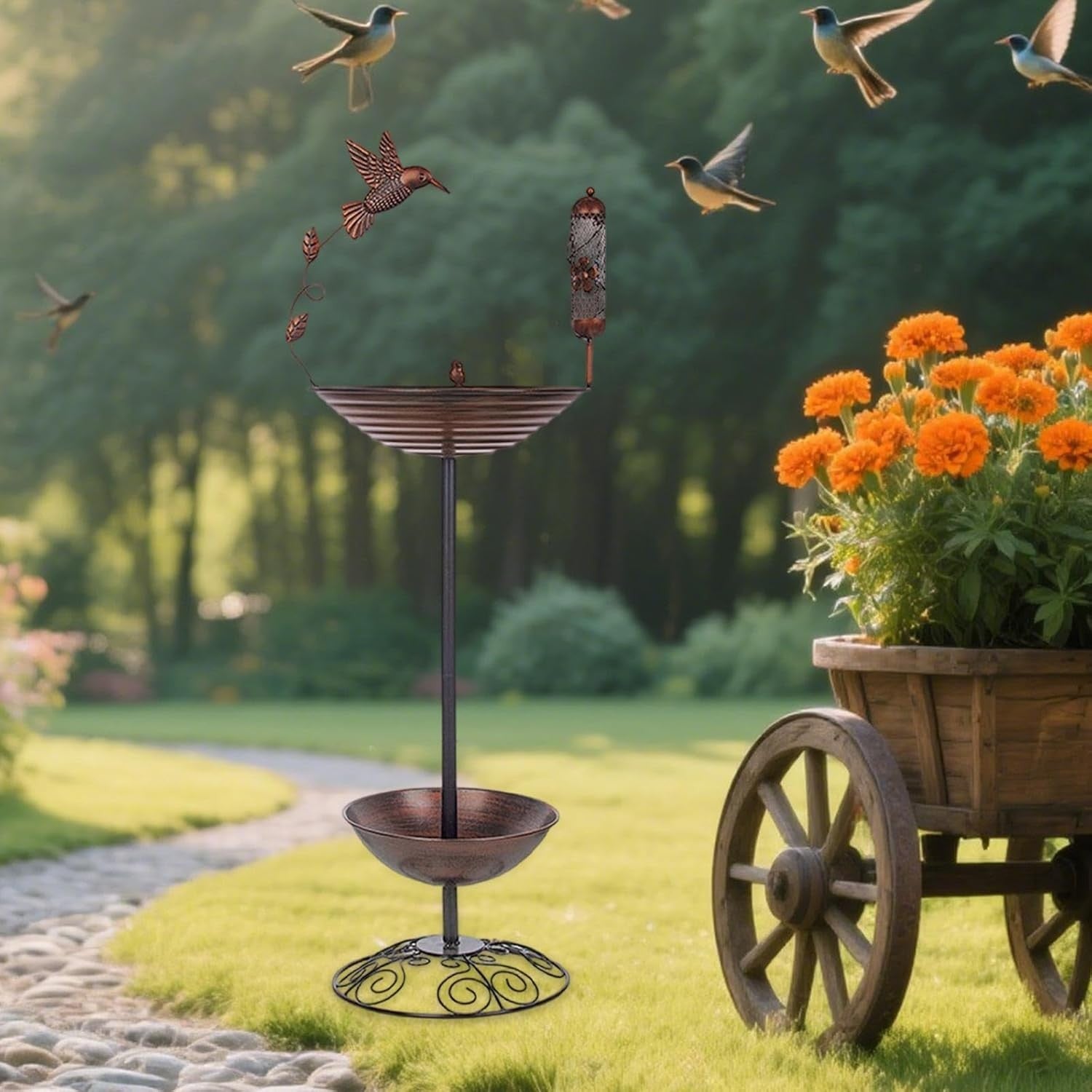 Metal Bird Bath Feeder Outdoor Garden Decor Weatherproof Iron Stand