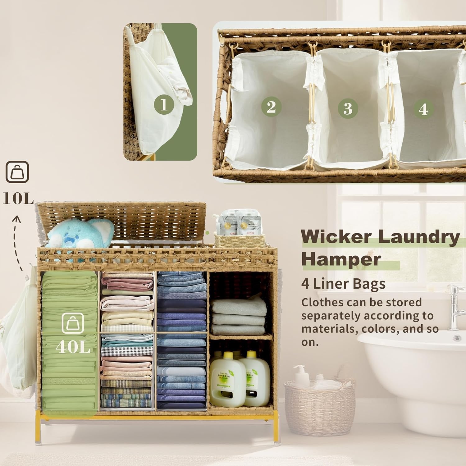 130L Rattan Laundry Hamper 3 Section with Lid 4 Bags Wicker Storage Shelf Unit