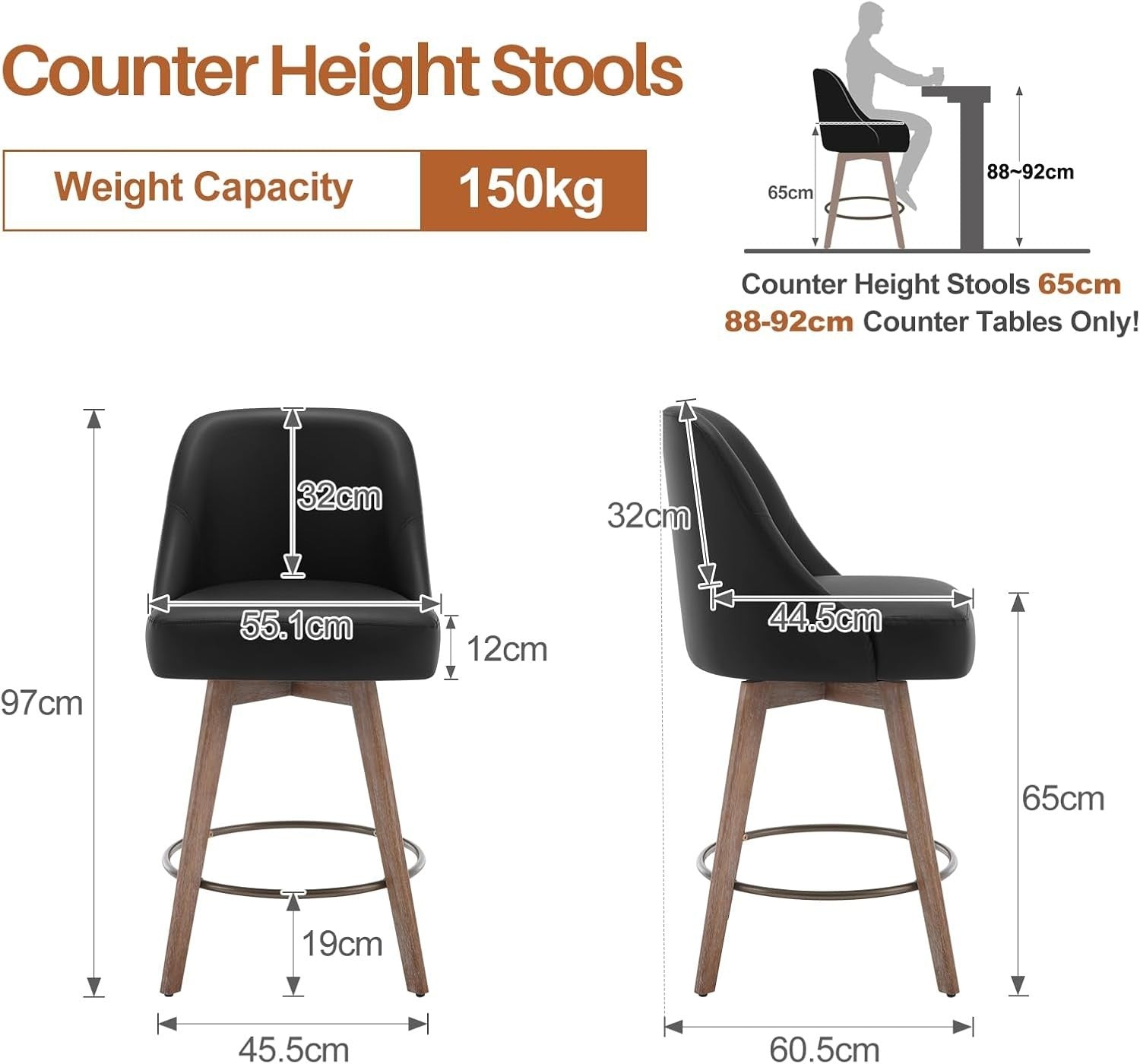 Swivel Counter Bar Stools Set of 2 PU Leather Wood 65cm Seat