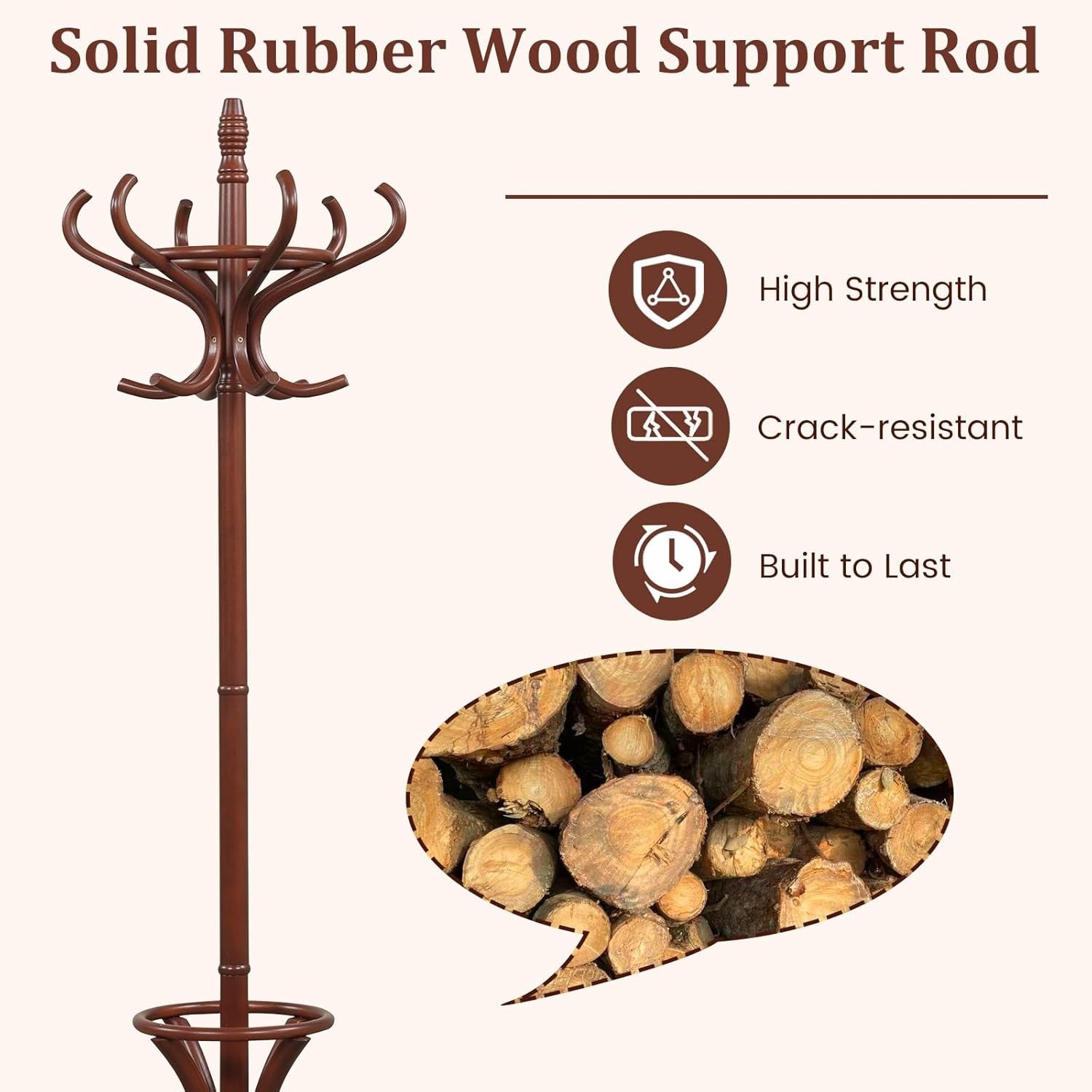 Wooden Coat Rack Stand 12 Hooks & Umbrella Holder | 73” Freestanding Hall Tree
