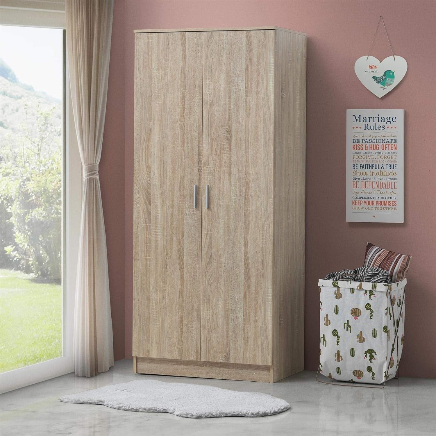 Oak Effect Wardrobe with Shelves & Rail – Bedroom Storage Double Doors