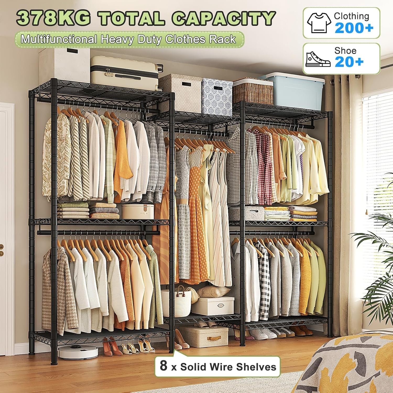 Heavy Duty Open Wardrobe Metal Rail with Shelves Storage Rack 195cm