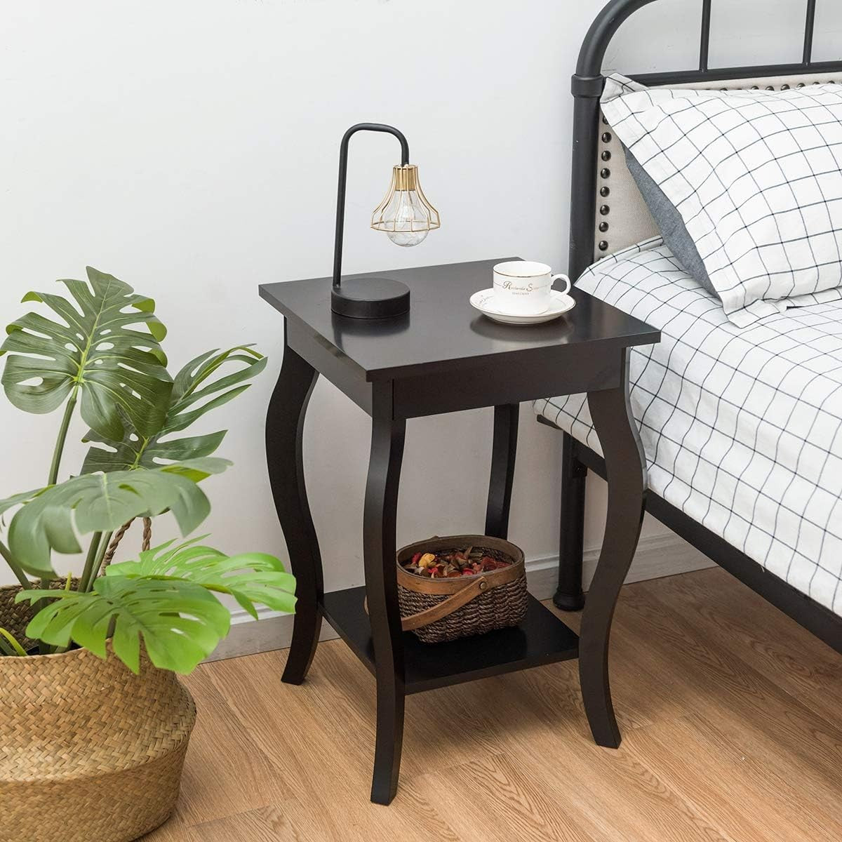Set of 2 Coffee Brown Wooden Bedside Tables – Modern 2-Tier Side Tables 40×40×60