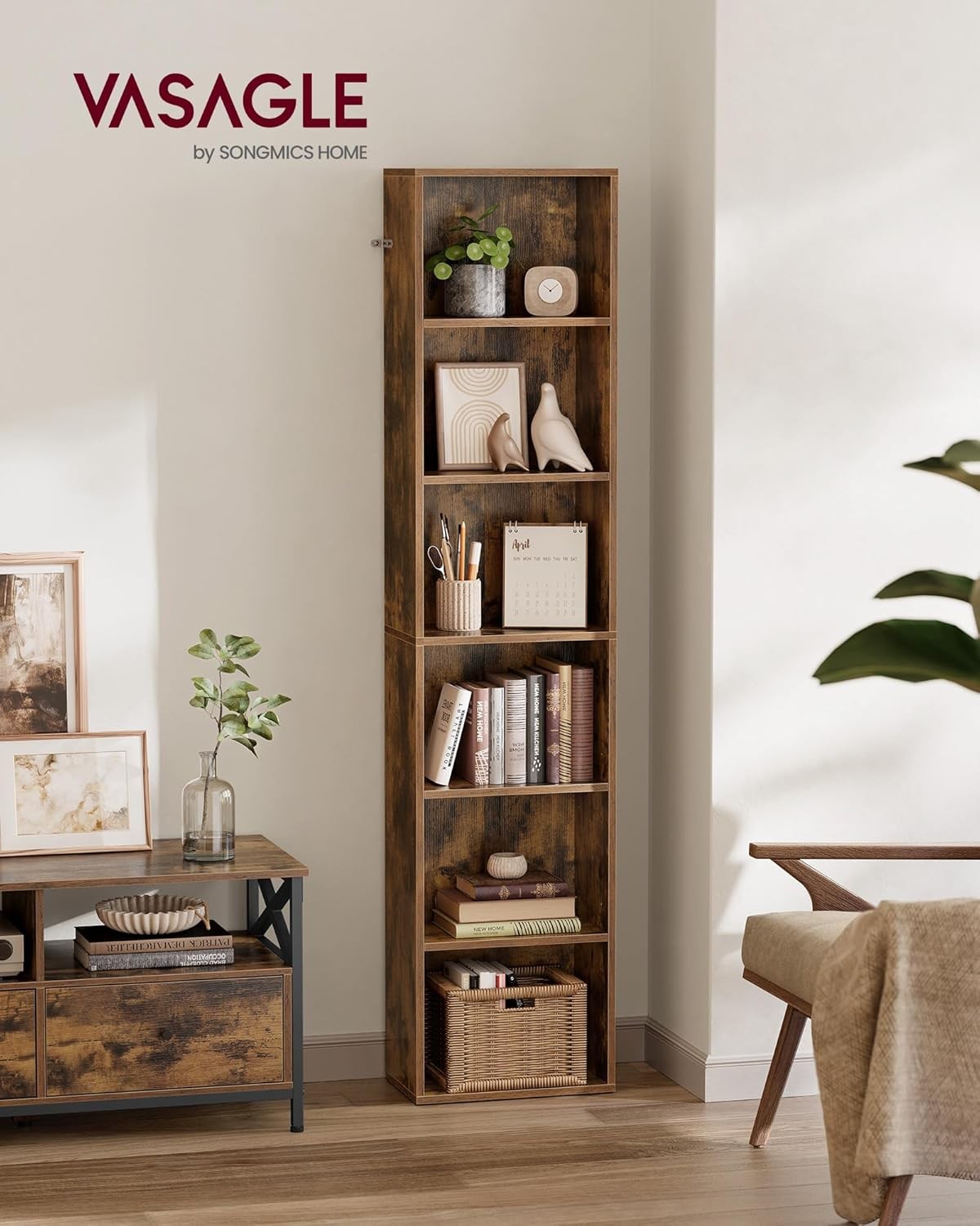 6-Tier Rustic Brown Bookcase Tall Storage Shelf Unit with Drawer for Home