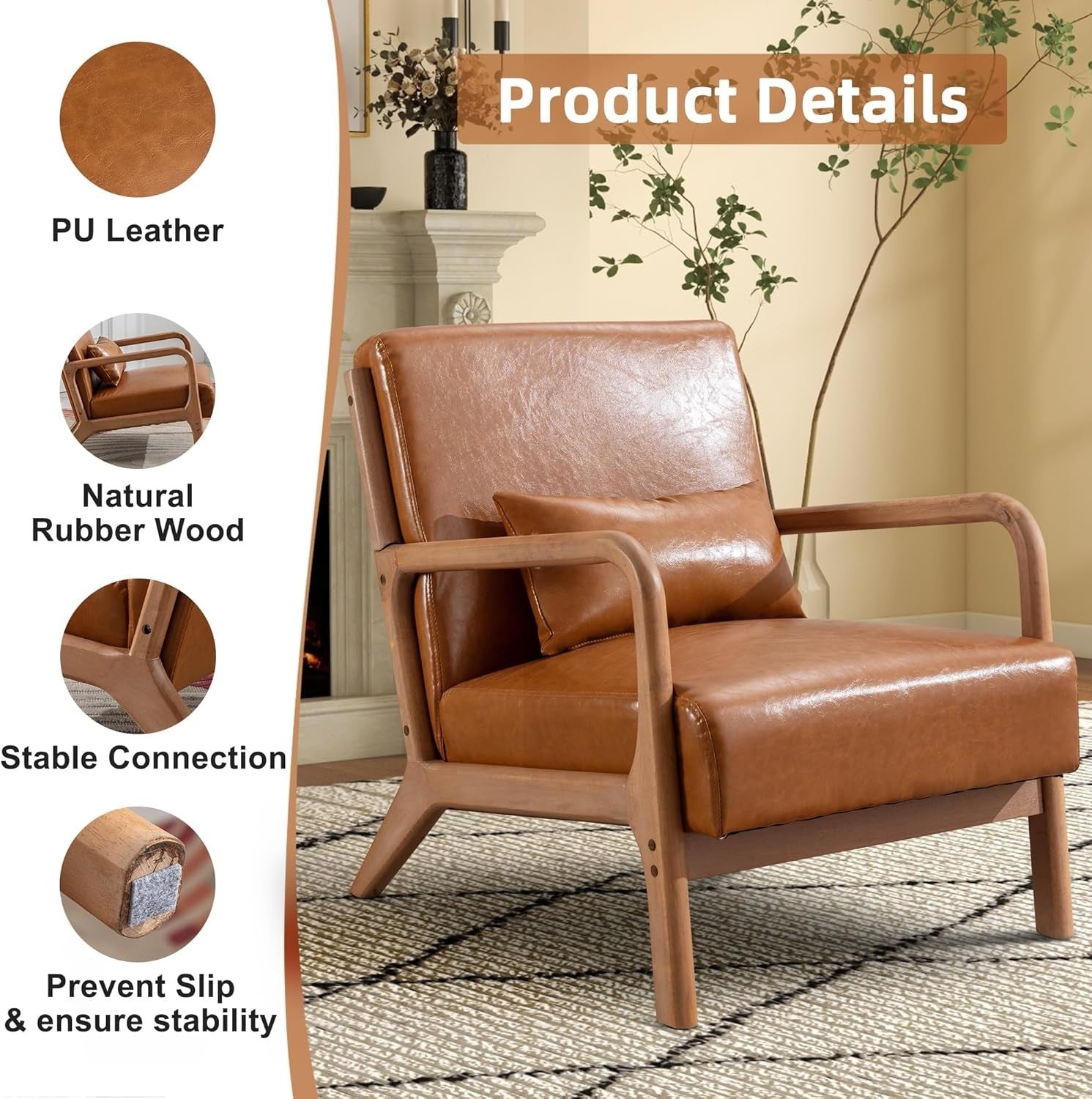2x Brown Faux Leather Armchairs – Solid Wood High Back Lounge Chairs