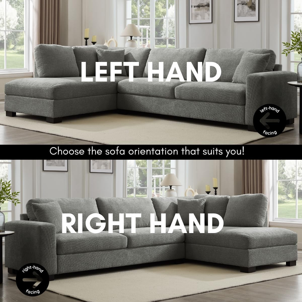 L-Shape Large Corner Sofa 5 Seater Grey Chenille Right Hand Facing